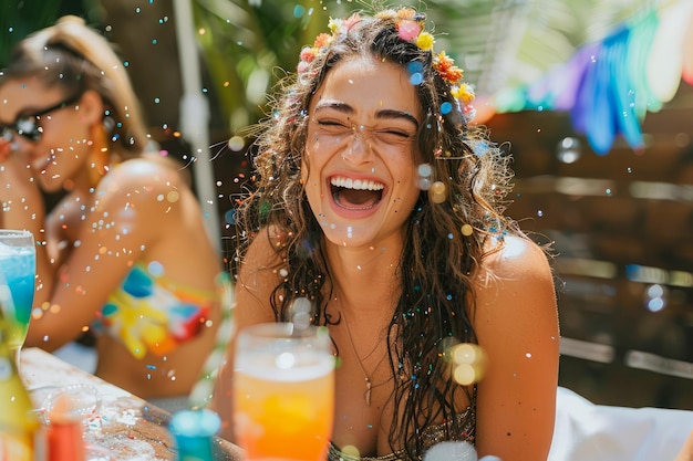 Wesoła młoda kobieta śmiejąca się z koroną kwiatową na słonecznej imprezie na świeżym powietrzu z konfetti i tropikalnymi