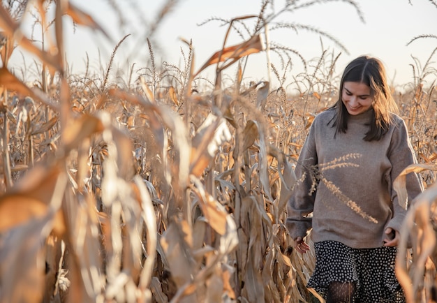 Wesoła młoda kobieta w polu kukurydzy jesienią.