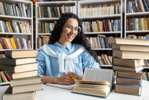 Zdjęcie wesoła młoda kobieta z okularami i kręconymi włosami studiuje wśród stosów książek w bibliotece