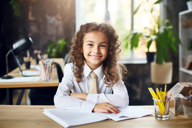 Wesoła młoda uczennica studiująca przy biurku w klasie