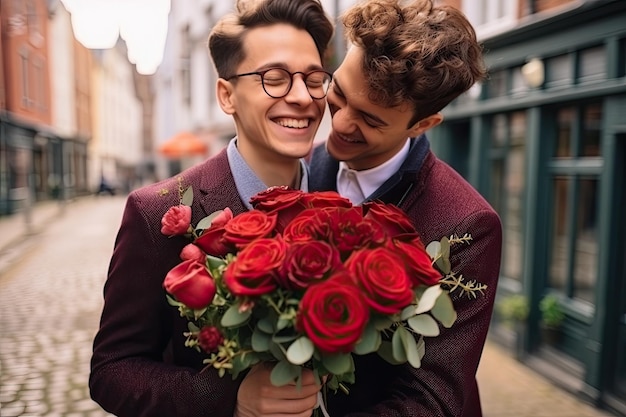 Zdjęcie wesoła para gejów w eleganckich garniturach trzymająca bukiet róż na ulicy