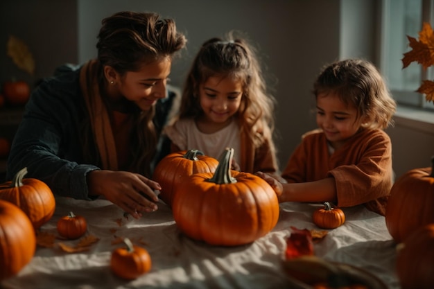 Wesoła rodzina świętuje Halloween rzeźbionymi dyniami w domowej kuchni