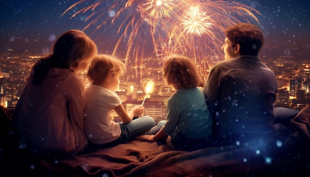 Zdjęcie wesoła rodzina świętuje nowy rok przy ognisku wygenerowanym przez sztuczną inteligencję