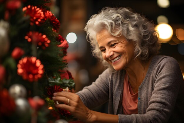 Wesoła starsza kobieta dekorująca choinkę Świąteczna atmosfera w przytulnym wnętrzu domu