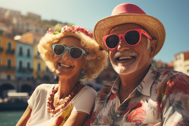 Wesoła starsza para ubrana w żywe letnie stroje, nosząca kapelusze i okulary przeciwsłoneczne