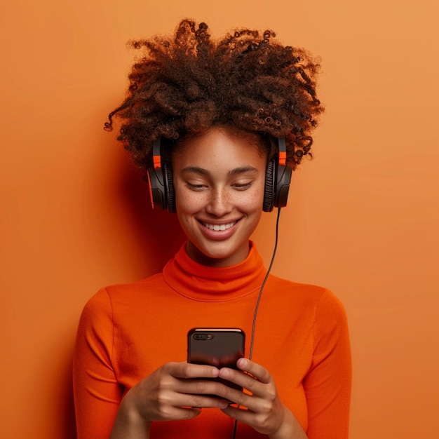 Zdjęcie wesoła, stylowa kobieta wybiera piosenkę do słuchania ze swojej playlisty cieszy się dobrym dźwiękiem w słuchawkach