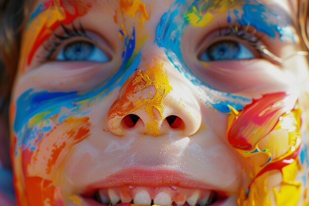 Zdjęcie wesoła twarz dziecka pokryta kolorową farbą