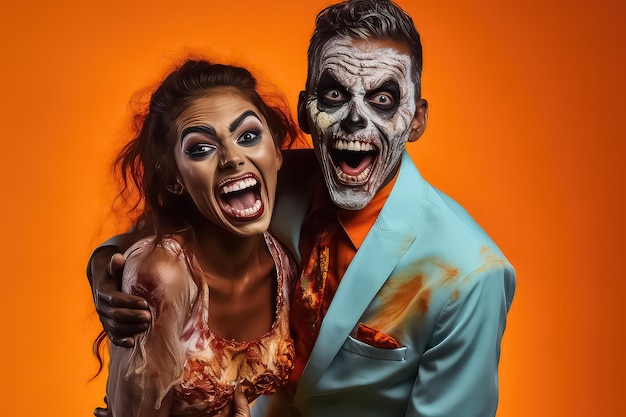 Wesoła wielokulturowa para w kostiumach zombie żartuje i pozuje na pomarańczowym tle