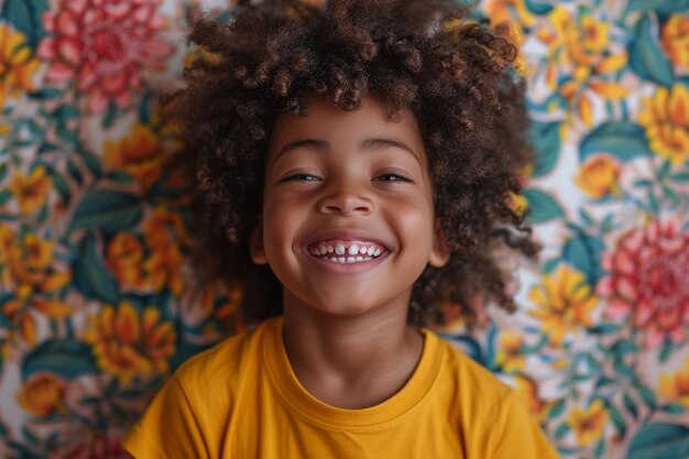 Wesołe czarne młode dziecko śmiejące się z kręconymi włosami w żółtej koszuli stoi przed kwiatową tapetą śmiejąc się z czystej radości i patrząc na kamerę