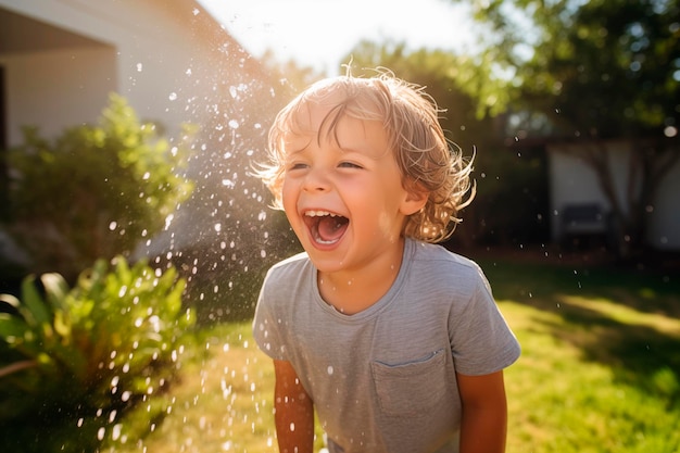 Wesołe dziecko śmieje się w środku spray kropel wody w świetle słońca