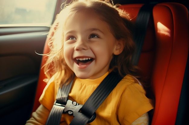 Wesołe dziecko w foteliku samochodowym bezpiecznie zabezpieczone pasem bezpieczeństwa AI