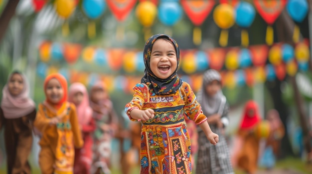 Wesołe dziecko w tętniących życiem tradycyjnych strojach prowadzące grupę dzieci na uroczystości Eid alAdha