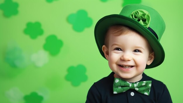 Wesołe dziecko w zielonym stroju z czamrokami na kolorowym tle Generatywna sztuczna inteligencja
