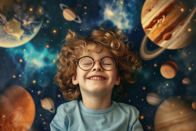Wesołe dziecko z kręconymi włosami i okularami wyobraża sobie, że jest w kosmosie