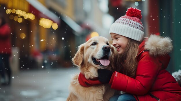 Wesołe Dziecko Z Psem Golden Retrieverem Bawiące Się Na świeżym Powietrzu Podczas świąt Bożego Narodzenia