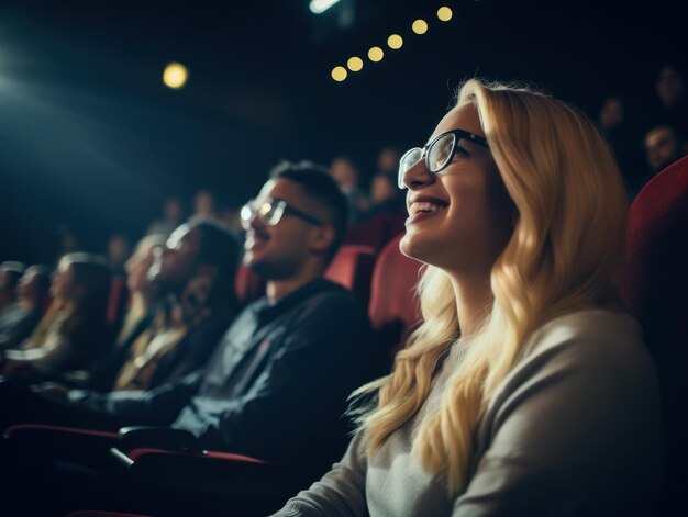 Wesołe okulary kobieta śmieje się podczas oglądania filmu w kinie