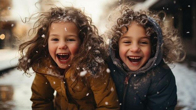 Wesołe rodzeństwo bawiące się na śniegu
