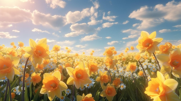 Wesołe słońce świeci jasno nad polem żonkili i tulipanów