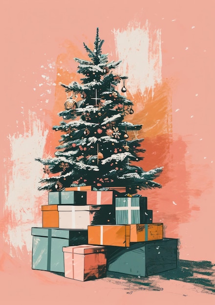 Wesołe świąteczne drzewo Zimowe Święto z uroczystymi prezentami na dekoracyjnym czerwonym tle