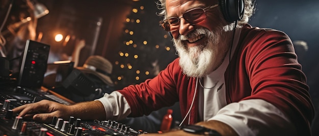 Wesołe święto Bożego Narodzenia, na którym Święty Mikołaj w świątecznych strojach pełni funkcję DJ-a i miksuje muzykę za pomocą mikseru DJ