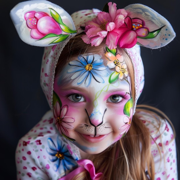 Wesołe święto Wielkanocne uchwycone przez sztukę malowania twarzy z jajami królików