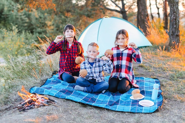 Wesołe towarzystwo dwóch dziewczynek i chłopca na pikniku w środku lasu Dzieci smażą kiełbaski na ognisku jedzą bułeczki i bawią się na łonie natury Koncepcja aktywnego wypoczynku latem