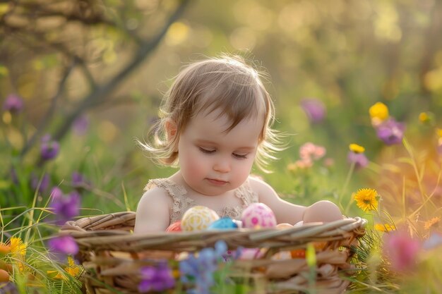 Wesołe wiosenne święto Małe dziecko umieszczone wśród kolorowych jajek wielkanocnych w tkanym koszyku