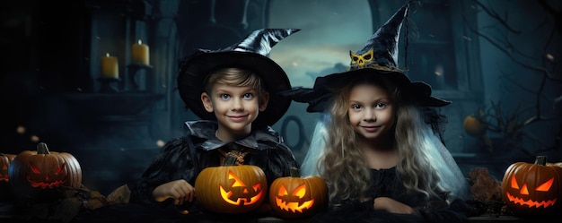 Wesołego Halloween Dzieci w strojach karnawałowych Straszna noc Halloween Generatywna ai