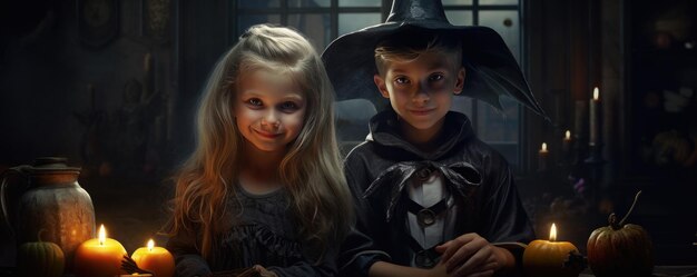 Wesołego Halloween Dzieci w strojach karnawałowych Straszna noc Halloween Generatywna ai