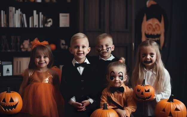 Wesołego Halloween grupa dzieci w garniturach i z dyniami AI Generacyjna AI