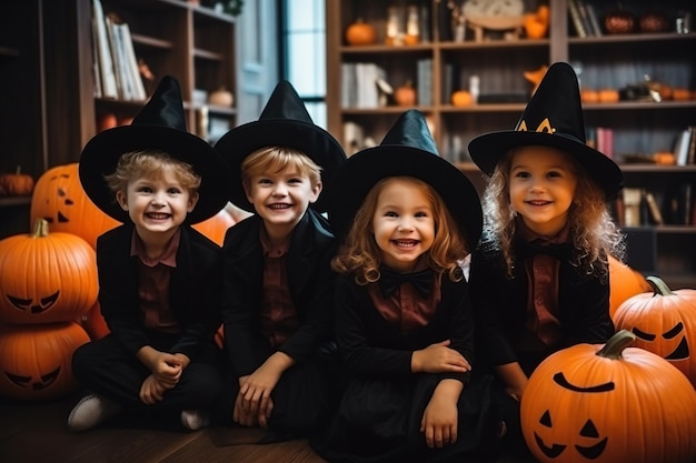 wesołego Halloween! grupa dzieci w garniturach i z dyniami w domu