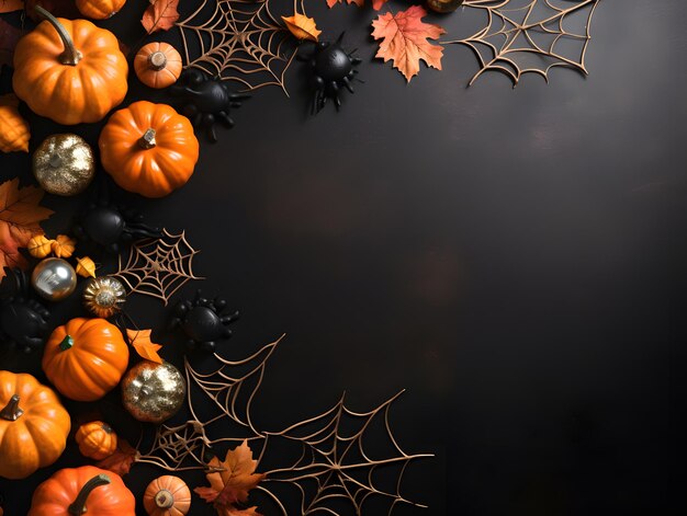 Wesołego halloween płaska makieta z dekoracją pająków i pajęczą siecią na czarnym tle Jesień