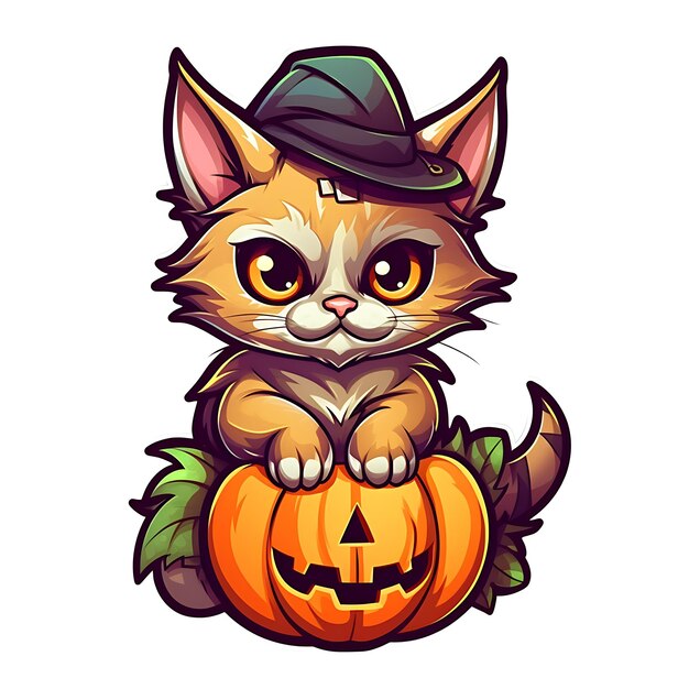 Zdjęcie wesołego halloween słodki kot rysunkowy dynia halloween clipart na białym tle proste tło halloween