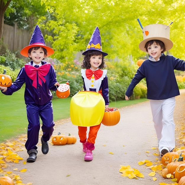 Wesołego Halloween śmieszne dzieci w strojach karnawałowych wzdłuż ścieżki w ogrodzie wysokiej jakości