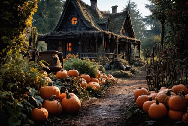 Wesołego halloween straszne tło straszne dynie w przerażającym starym ogrodzie domu