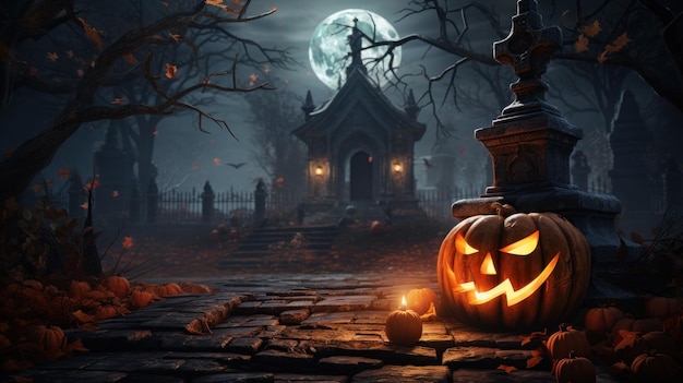 Wesołego Halloween świętowanie dyni i ciemnego zamku z tajemniczą tajemniczą nocą w pełni księżyca w pełni