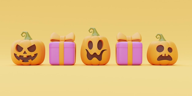 Wesołego Halloween Z Dyniami Jackolantern I Pudełkami Prezentowymi Na żółtym Tle Tradycyjne Październikowe Wakacje Renderowania 3d