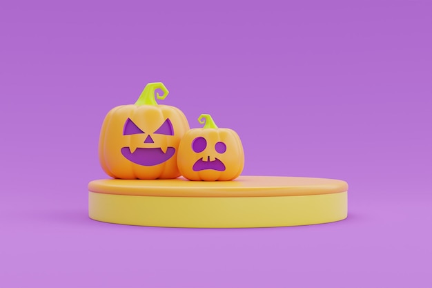 Wesołego Halloween z wyświetlaczem podium i dyniami JackoLantern na fioletowym tle tradycyjne październikowe wakacje renderowania 3d