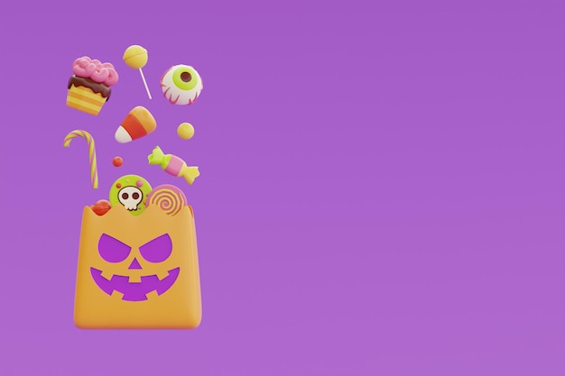 Wesołego Halloween z żółtą torbą pełną kolorowych cukierków i słodyczy unoszących się na fioletowym tle tradycyjne październikowe wakacje renderowania 3d