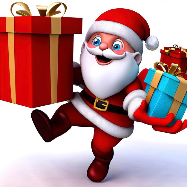 Wesoły 3D postać z kreskówki Świętego Mikołaja z prezentami świątecznymi