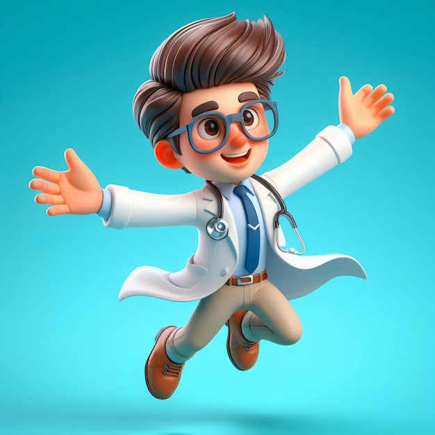 Wesoły animowany lekarz w 3D radośnie skacze w stylu kreskówki żywe kolory przesadzone cechy