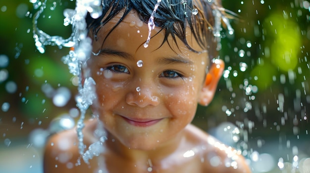 Wesoły chłopiec uśmiecha się wśród kropel wody zabawnie
