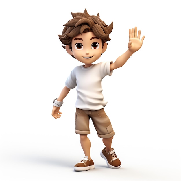Wesoły chłopiec z kreskówki w zielonej koszulce wskazuje dwoma palcami na białym tle 3d re