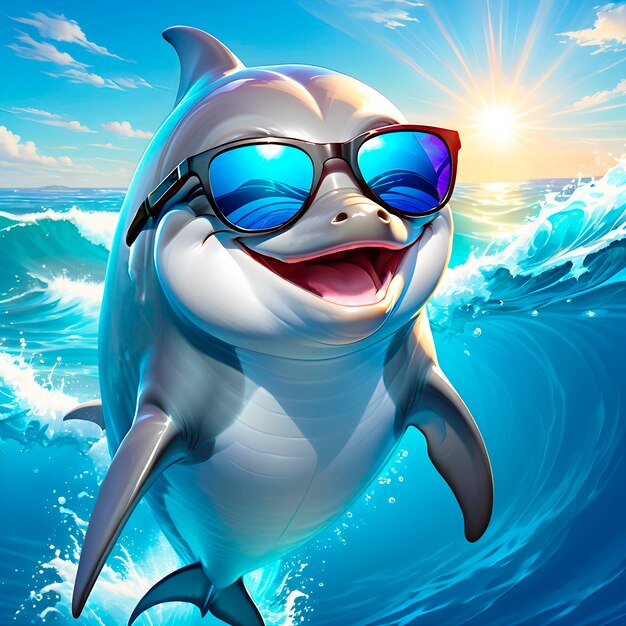 Wesoły delfin w okularach przeciwsłonecznych w morzu.