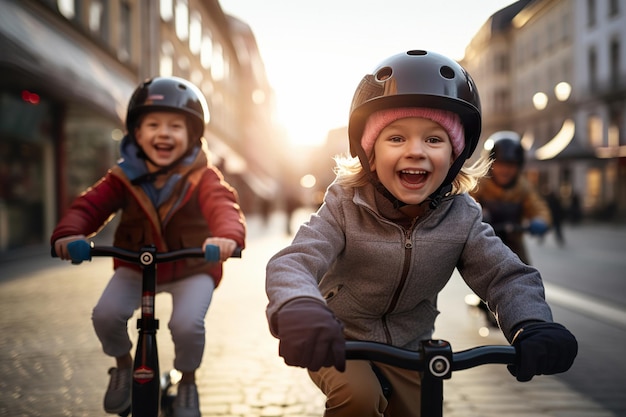 Wesoły dziecięcy rowerzysta jeździ na rowerze na świeżym powietrzu w świetle dziennym