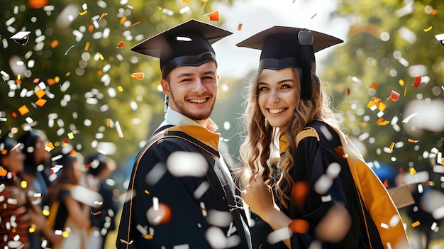 Zdjęcie wesoły dzień ukończenia studiów, uśmiechnięci absolwenci w czapkach i sukniach świętują z konfetami, ceremonia na świeżym powietrzu, atmosfera uchwycająca przełomowy moment.