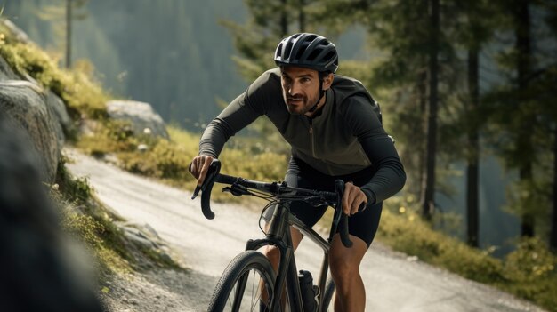 Wesoły i ekspresyjny mężczyzna na rowerze po górskiej trasie otoczony realistycznym krajobrazem leśnym