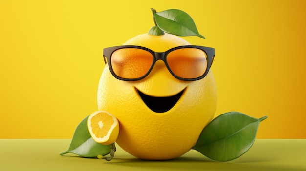 Wesoły i szczęśliwy cytryna z okularami Uśmiechnięty antropomorficzny owoc w okularach przeciwsłonecznych