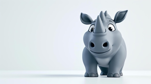 Wesoły i uroczy nosorożec 3D stojący z dumą na białym tle Jego uroczy wyraz twarzy i urocze szczegóły sprawiają, że jest idealny do projektów skierowanych do dzieci i przyrody.