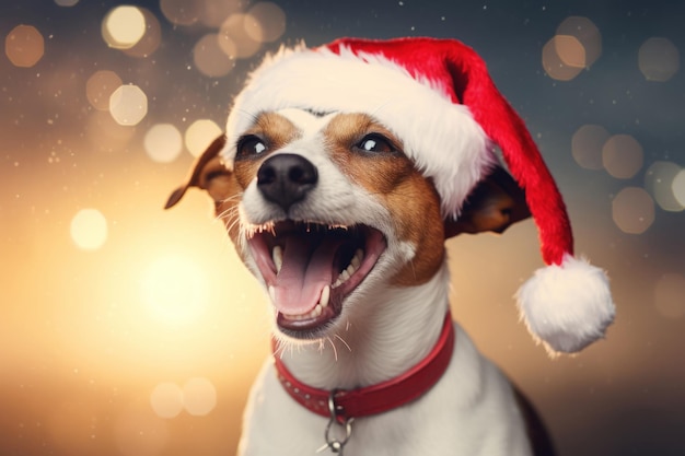 Wesoły jack russell terrier z świątecznym kapeluszem na głowie Ilustracja generatywna AI